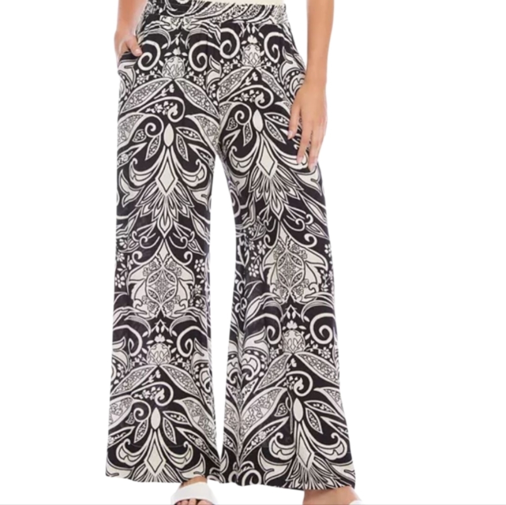 Karen Kane Monochrome Paisley Wide-Leg Pants, Small